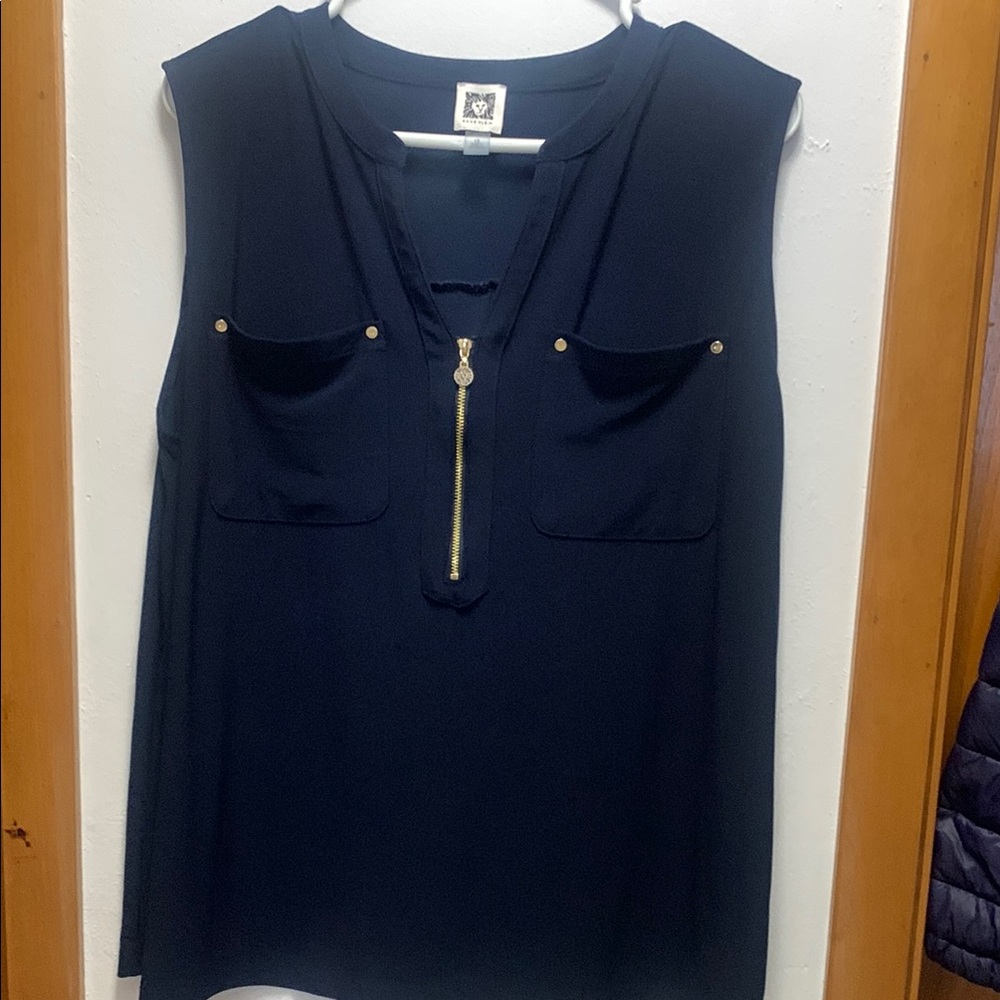 Anne Klein Navy Sleeveless Top with Gold Zipper